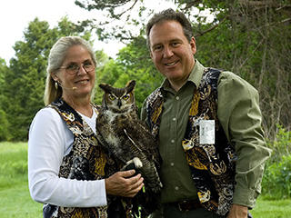 Marcia and Mark Wilson with a great horned owl © Sherry Pearl