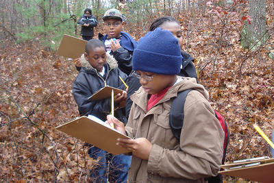 Grade 5 students from Philbrick Elementary School exploring Blue Hills Trailside Museum
