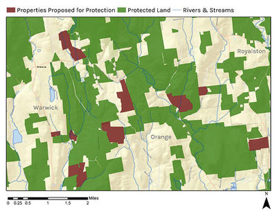 Map of Greater Gales Brook Conservation land parcels in Western Mass