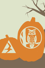 MAS logo and owl carved pumpkins illustration