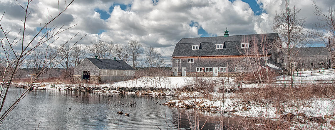 Wachusett Meadow's barn & pond in winter © Ronald Reynolds