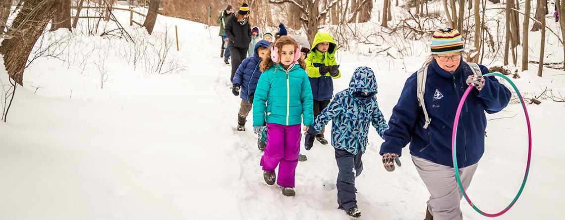 Kids outside in snow during winter school vacation at Arcadia Wildlife Sanctuary © Phil Doyle