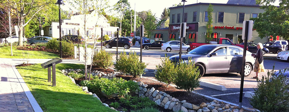 Low Impact Development (LID) features in a MetroWest shopping plaza © Trisha Garrigan