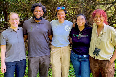 A group photo of the 2022-2023 Environmental Fellows. From Left to Right: Anna Cass, Jovan Bryan, Amara Chittenden, Isabela Chachapoyas, Isabella Guerero