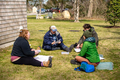 Four educators sitting in a group on a lawn