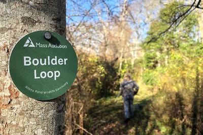 Trail marker at Allens Pond Wildlife Sanctuary