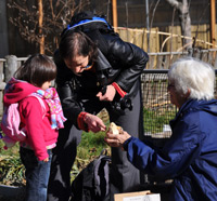 Parent and child talk with naturalist at Drumlin Farm Wildlife Sanctuary