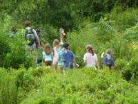A group of kids walking through a field