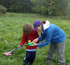 Boy and adult looking at butterfly in net