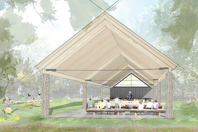 Illustrated rendering of the Outdoor Teaching Pavilion at Long Pasture © Jill Neubauer Architects