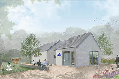 Rendering of the front-side view of Long Pasture's new Discovery Center