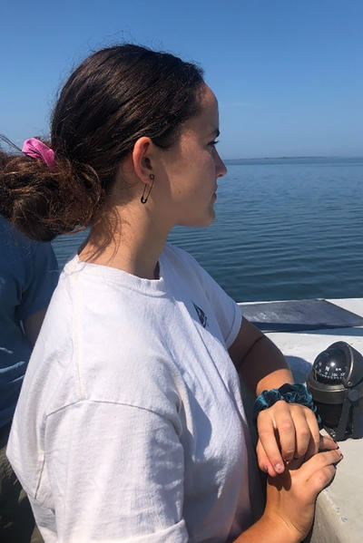 YES Intern Sarah Swenson on research boat in Nantucket waters