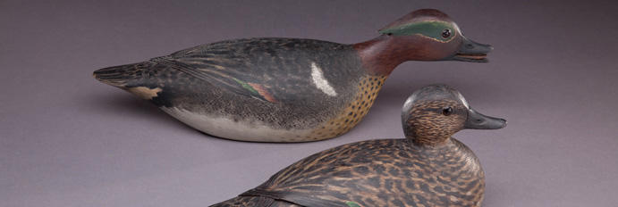 Green-winged Teal Drake and Hen by A. Elmer Crowell (1862-1952), oil on carved wood, c. 1912-1920. Mass Audubon Collection, anonymous gift, 2008. © Massachusetts Audubon Society.