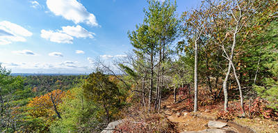 View of the summit trail overlook in early fall at Moose Hill Wildlife Sanctuary