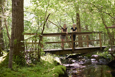 People talking on the footbridge at North River Wildlife Sanctuary