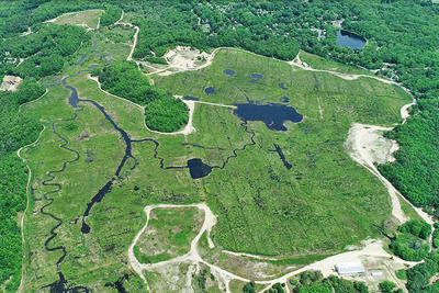 Aerial view of Tidmarsh Wildlife Sanctuary in 2018