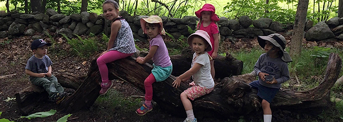 Kids on a log in nature play area