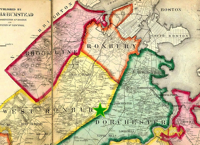 1858 map of Norfolk County by H. F. Walling (published in Boston by Smith & Bumstead). Map reproduction courtesy of the David Rumsey Map Collection / Cartography Associates.