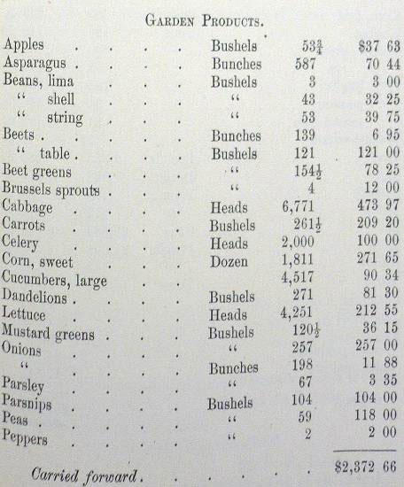 Farm products list. Boston Insane Hospital Report for 1904, courtesy of the City of Boston Archives.