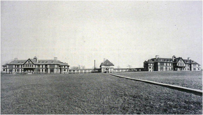 Hospital buildings at the Pierce Farm in the late 1890s. Boston Insane Hospital Report for 1909, courtesy of the City of Boston Archives.