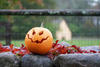 Jack o' lantern on a stone wall