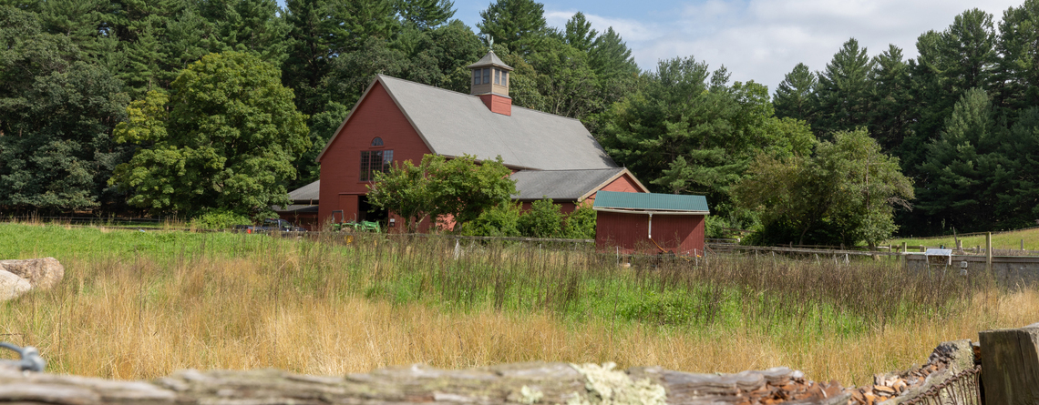 Picture of the red barn at Drumlin Farm in the spring