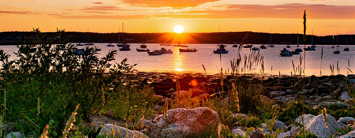 View from Eastern Point Wildlife Sanctuary of a sunset over the nearby marina © Michael Le