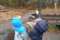 Two kids wearing fall jackets pointing up at something on a trail at Habitat Education Center