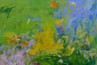 Green-, blue-, and yellow-hued abstract painting by artist Brenda Cirioni