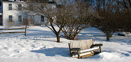 Bradstreet house and bench in the snow © Carol J. Decker, Mass Audubon
