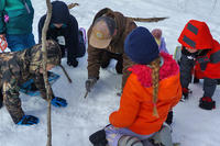 Students investigate animal tracks in winter during a school program