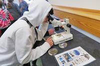 Student looking through microscope