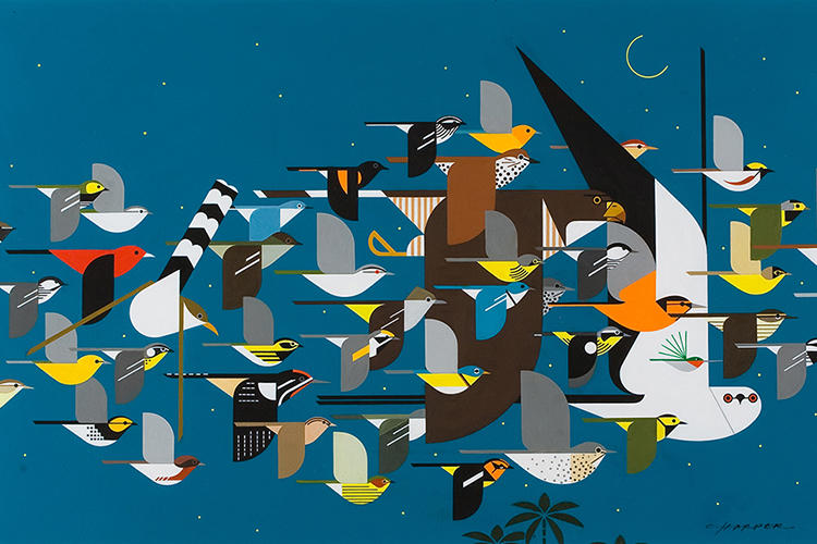 Charley Harper, Mystery of the Missing Migrants, 1992, acrylic on board, Mass Audubon collection