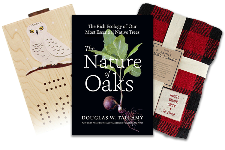 Owl cribbage board, Doug Tallamy book, & large fluffy blanket