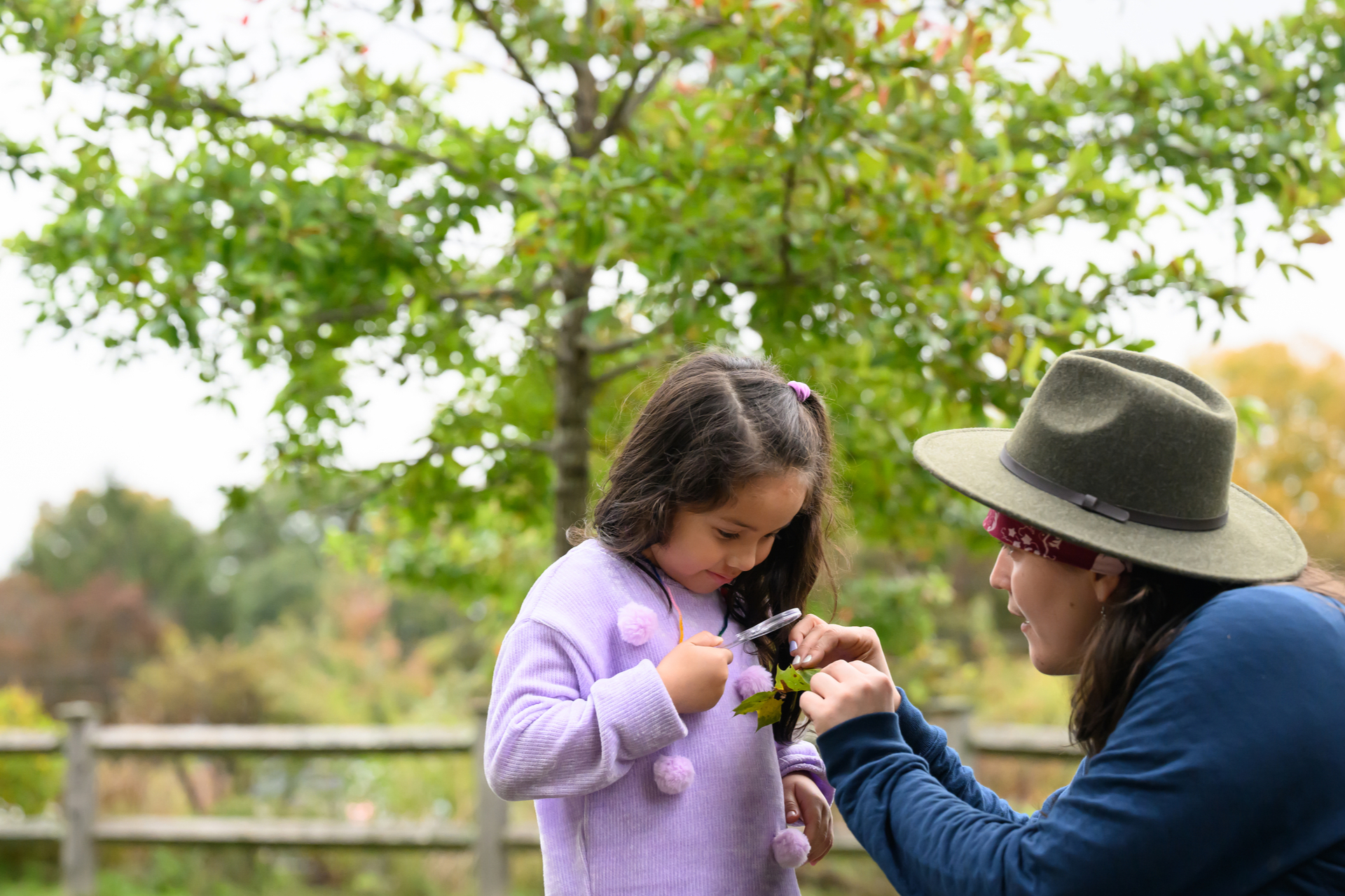 Child and teacher observing leaf through magnifying glass