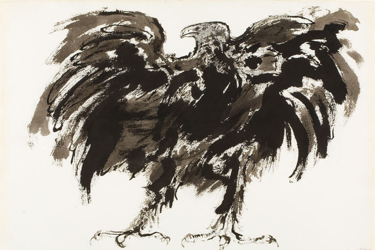 black, grey and white painting of an eagle