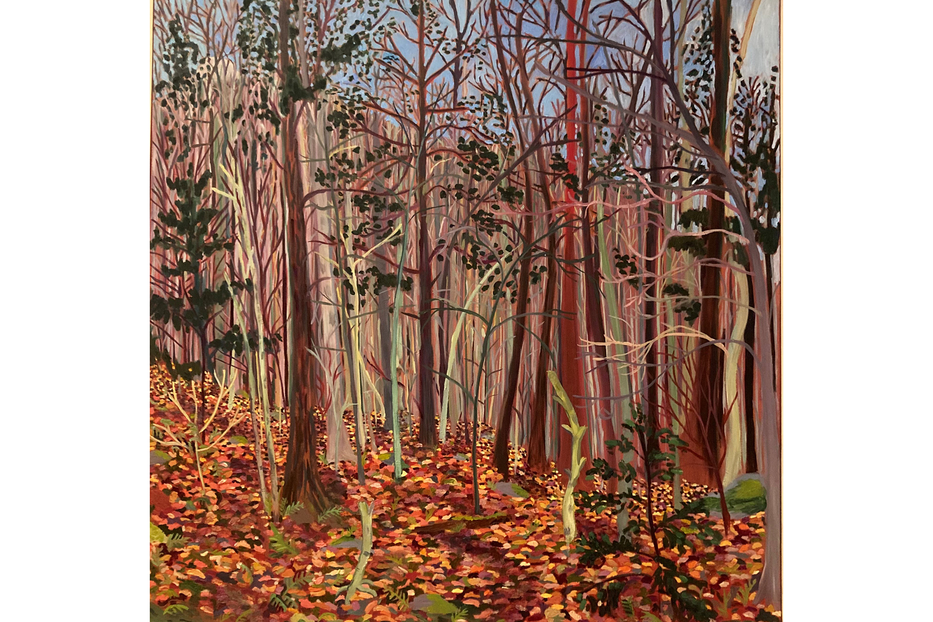 Landscape of bare trees surrounded by autumn leaves