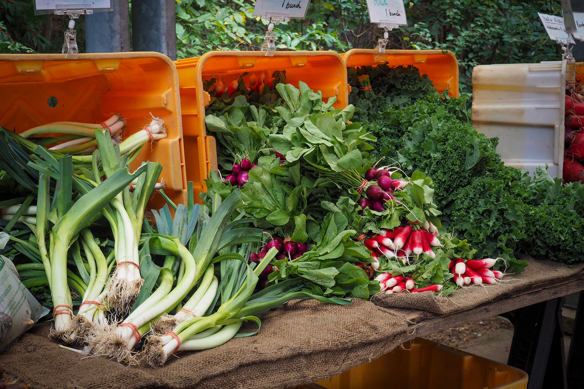 Vegetables overflowing from crates placed on their sides on a table