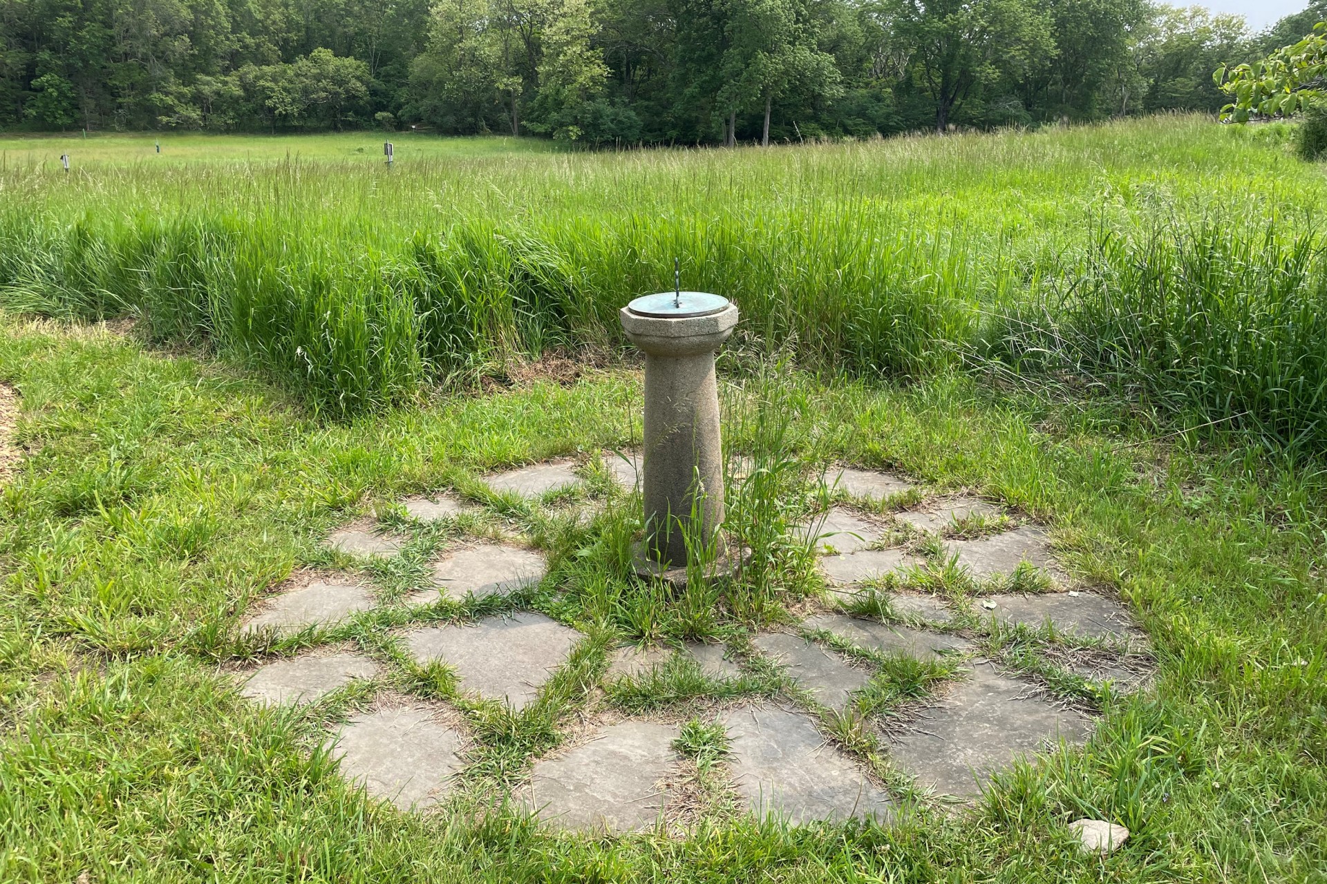 Stone sun dial in grass