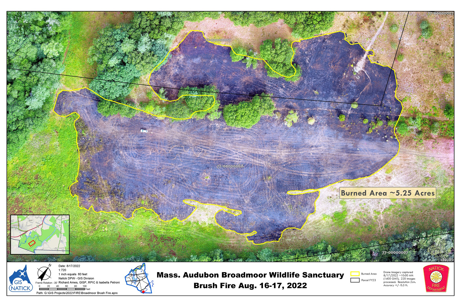 Aerial view of Broadmoor showing brush fire damage from August 16-17, 2022