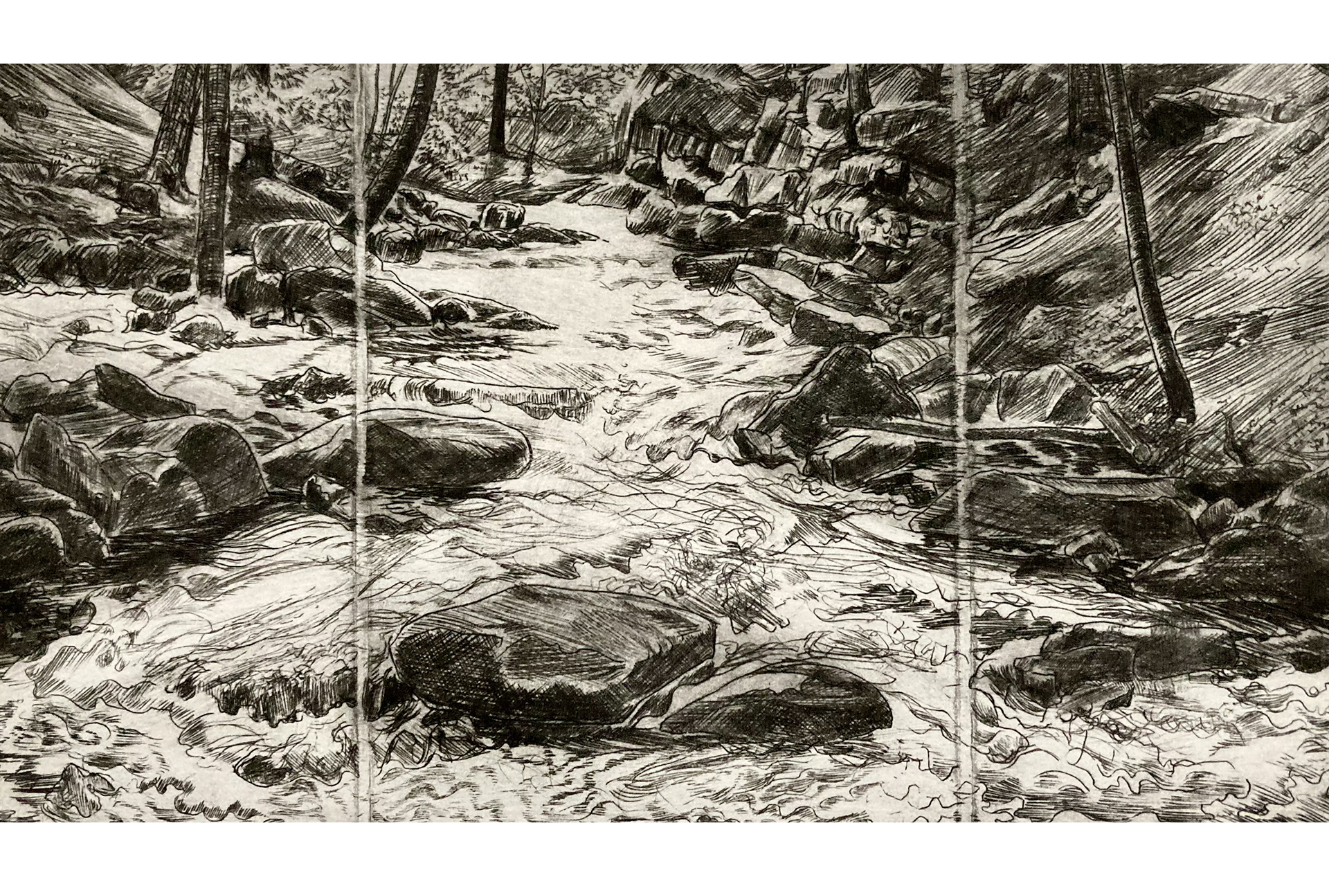 Black and white drypoint illustration of a river