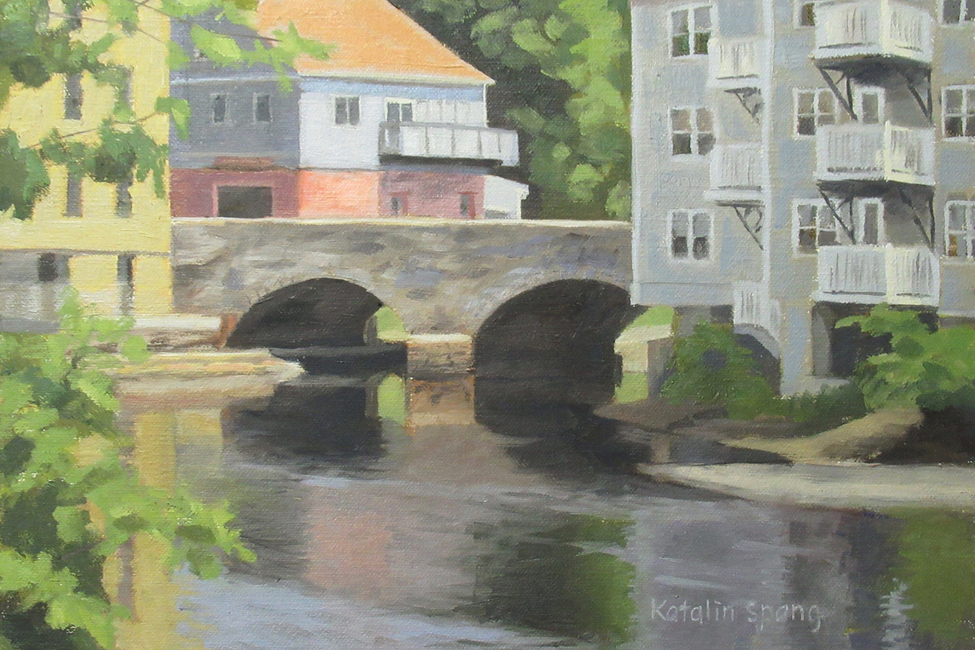 Landscape painting of a waterway, bridge, and buildings