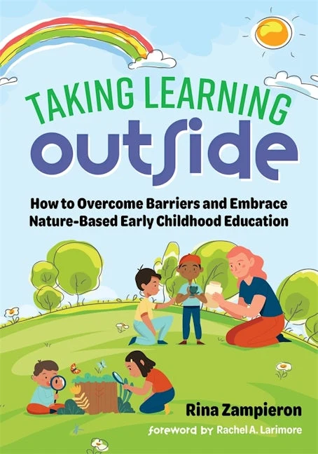 cover art for "taking learning outside" book, shows cartoon images of kids and adults outside on green lawn.