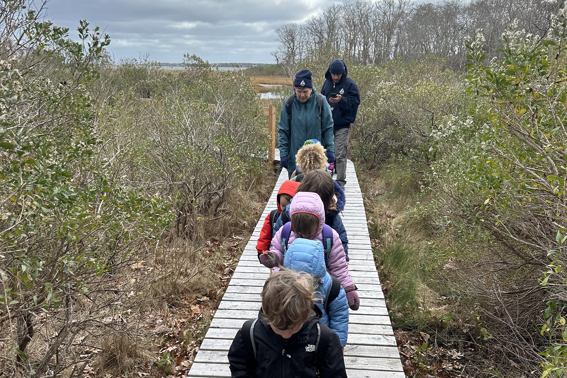 Preschoolers walking along a boardwalk