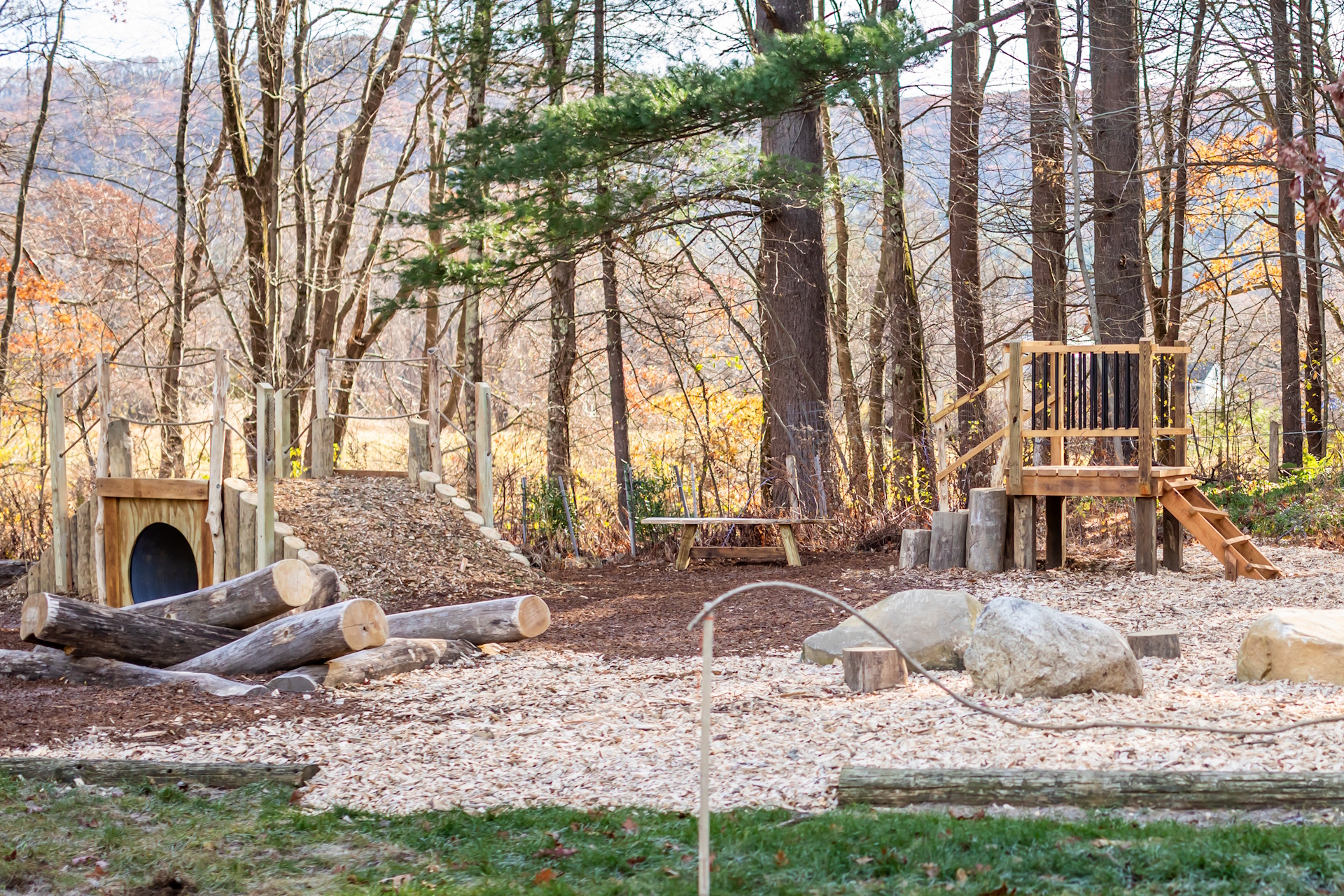 Wooden structures in the Nature Play area at Arcadia