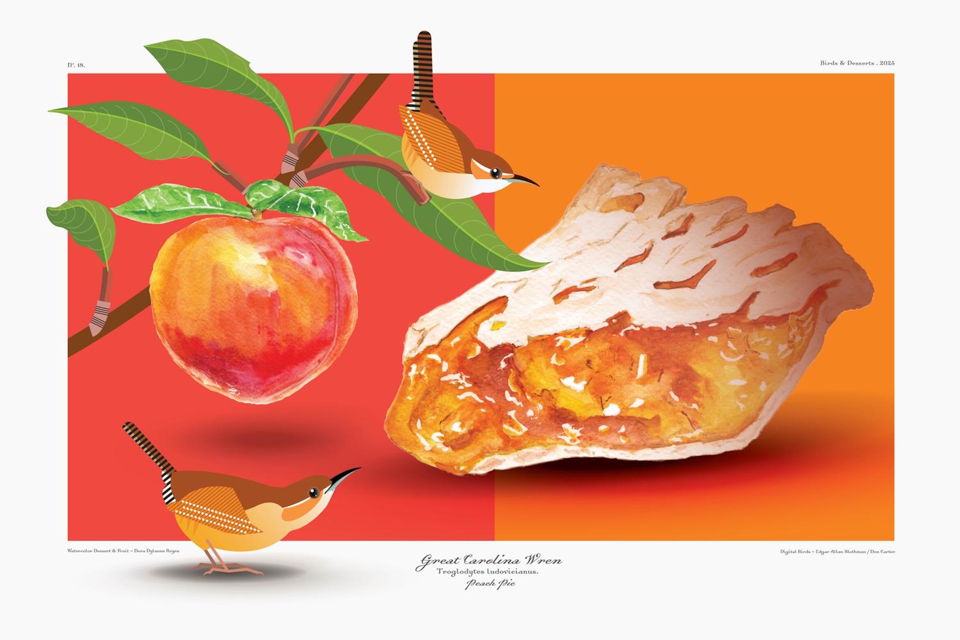 Illustrated birds with a slice of peach pie