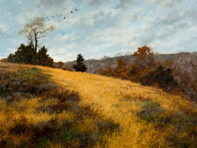 Painting of a hill with birds flying in the distance