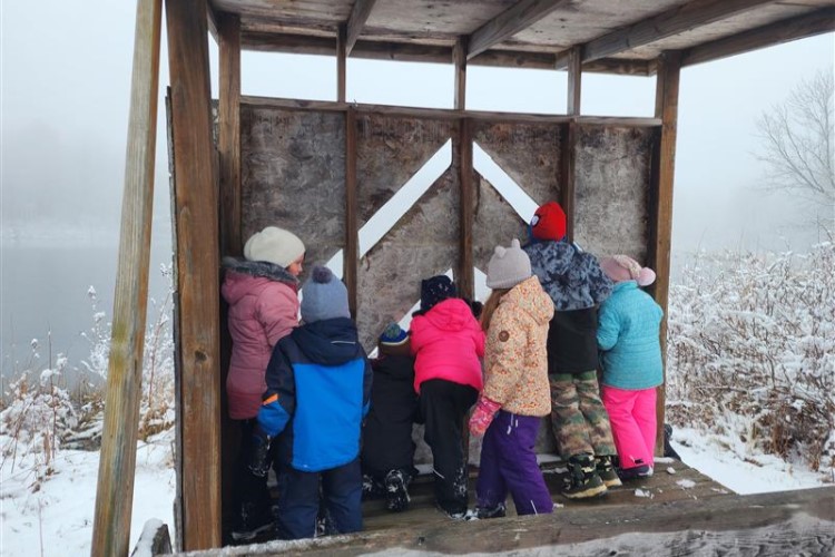 Children crowded around wildlife blind