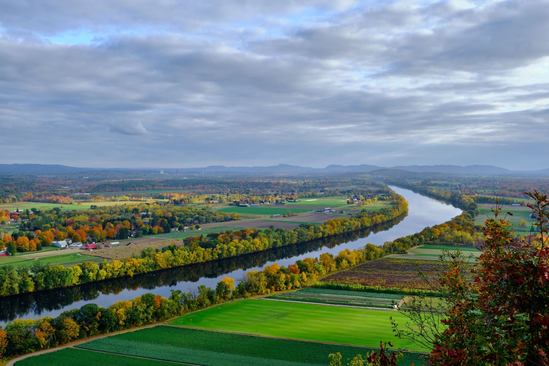 A view of the Connecticut River and adjacent farms in fall
