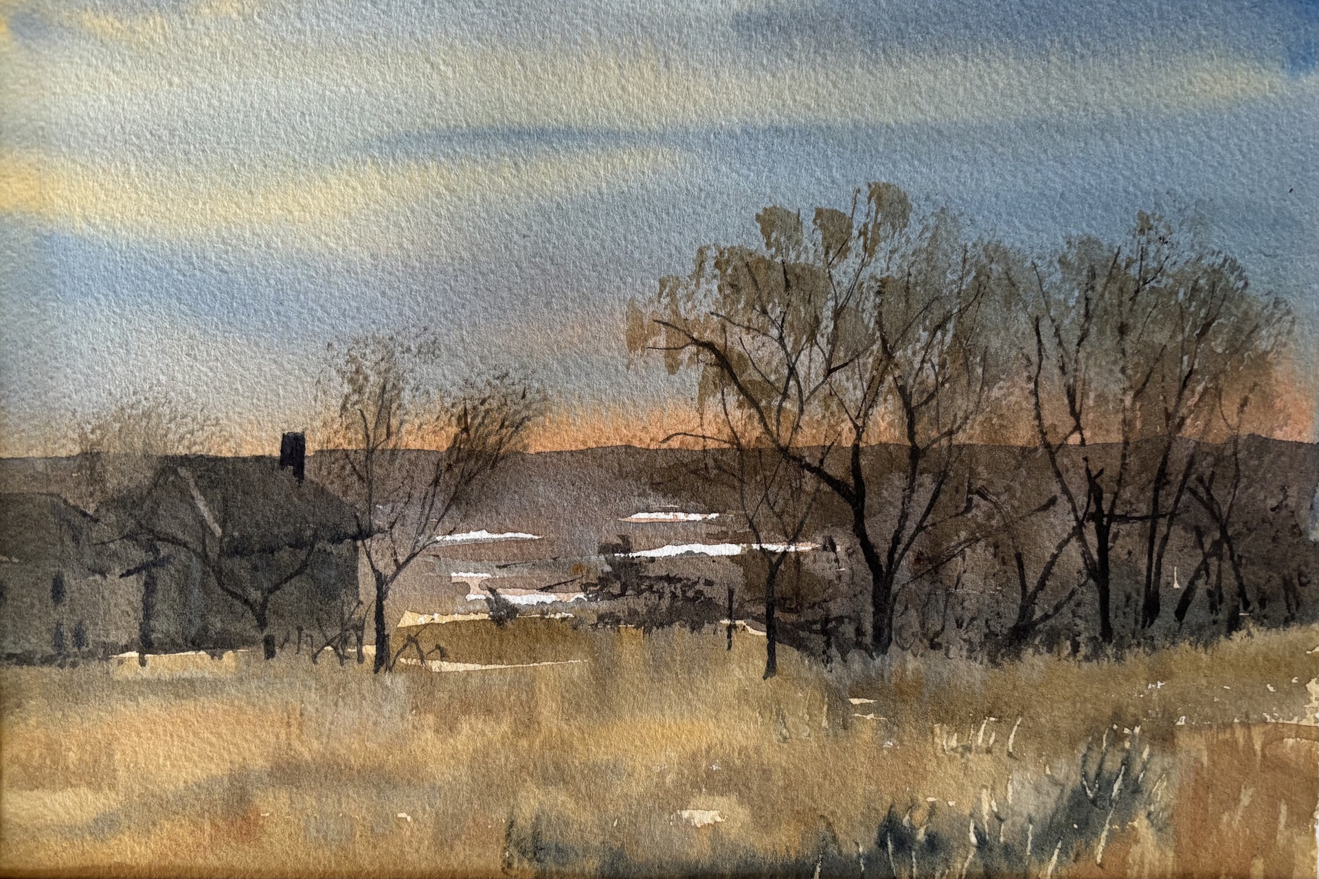 Farmland landscape with muted blue and yellow watercolors